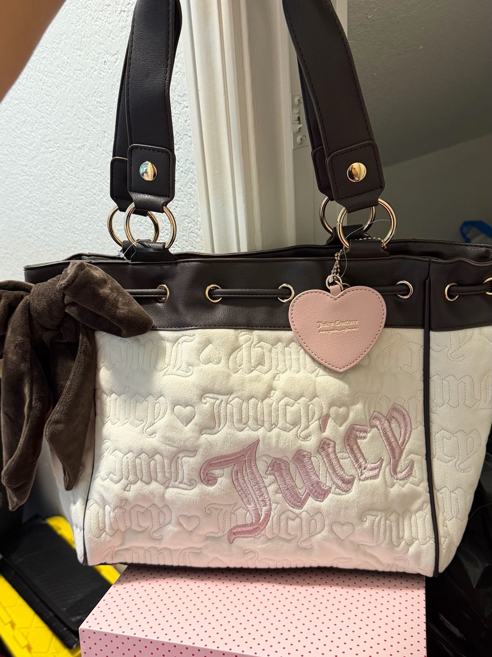 Juicy Couture Cream Tote with Brown Trim and Pink Heart Charm